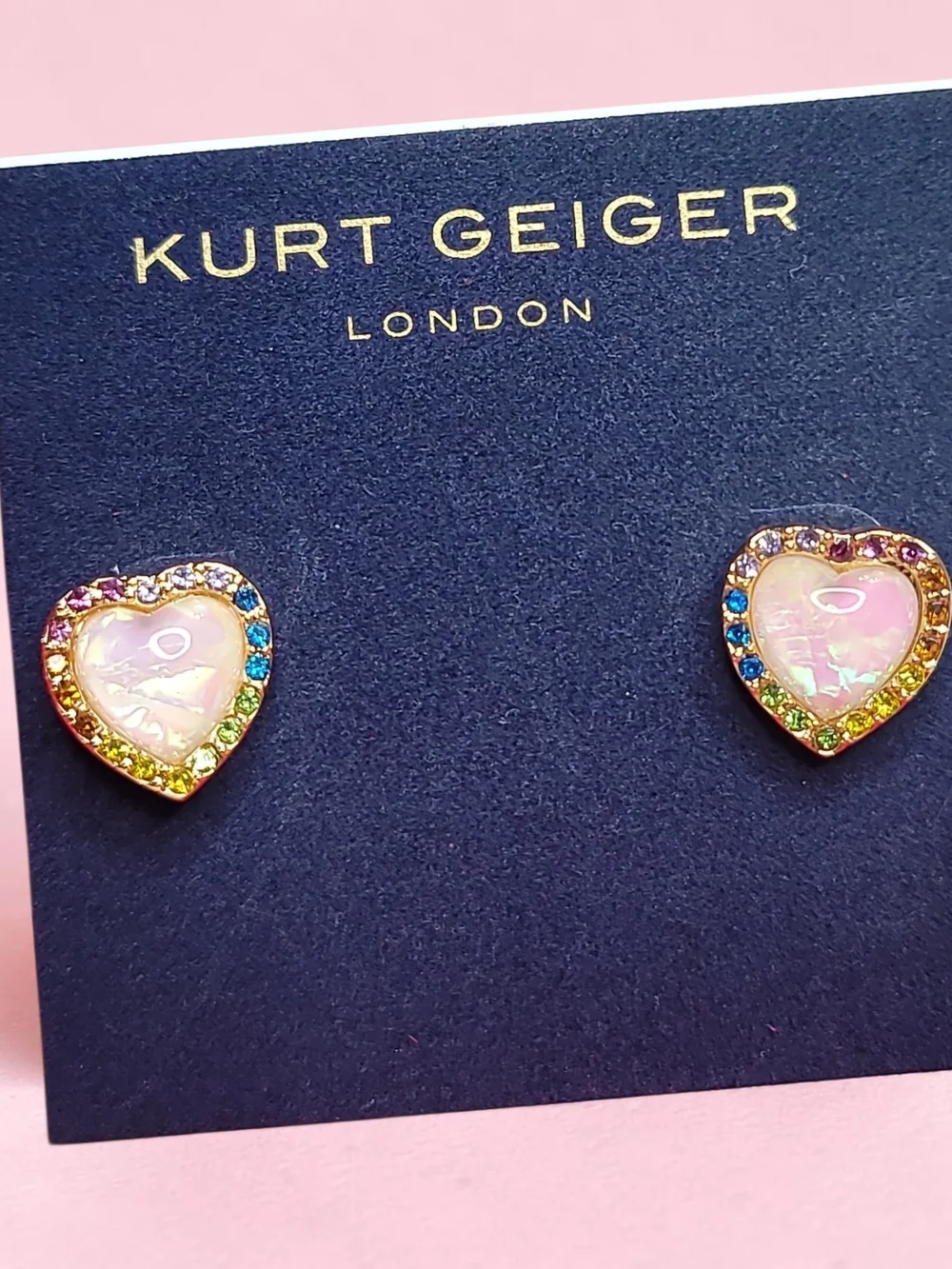 Kurt Geiger London Heart Stud Earrings Pink Opal Gold Rainbow NWT